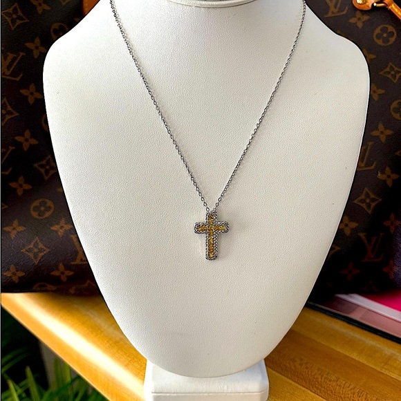 NEW White Gold‎ Filled Synthetic Diamond Citrine Cross Pendant Necklace, 16-18” - Picture 1 of 10